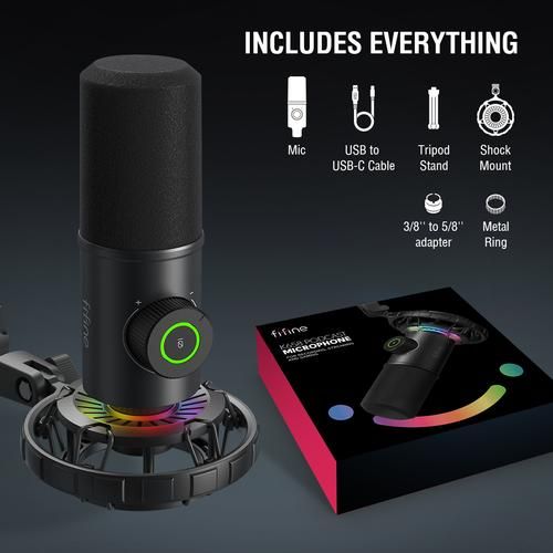 FIFINE USB Gaming Microphone, RGB Dynamic Mic for PC, with Tap-to-Mute  Button, Plug & Play Cardioid Mic with Headphone Jack for Streaming,  Podcast